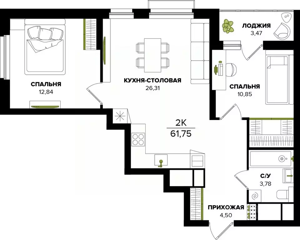 2-к кв. Тульская область, Тула  (61.75 м) - Фото 1