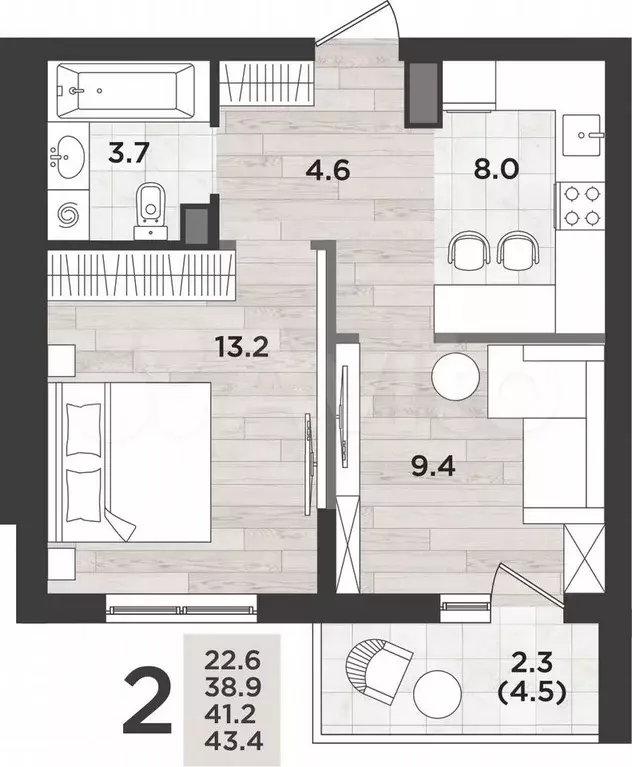 2-к. квартира, 41,2 м, 14/14 эт. - Фото 1