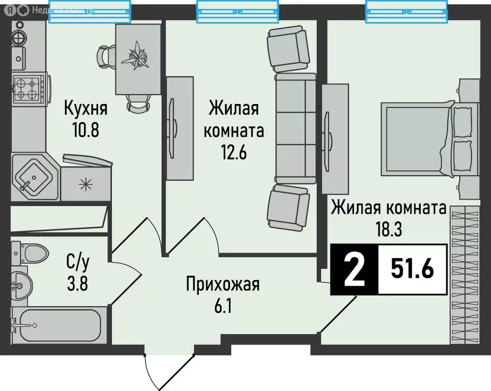 2-комнатная квартира: Железноводск, посёлок Иноземцево, посёлок ... - Фото 0