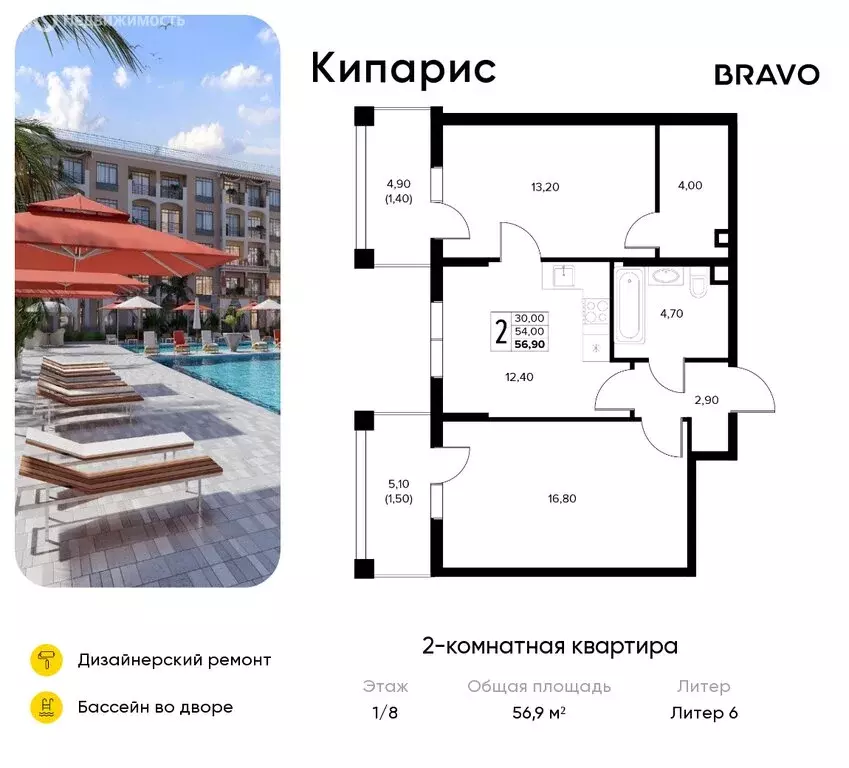 2-комнатная квартира: Сукко, жилой комплекс Кипарис (56.9 м) - Фото 1