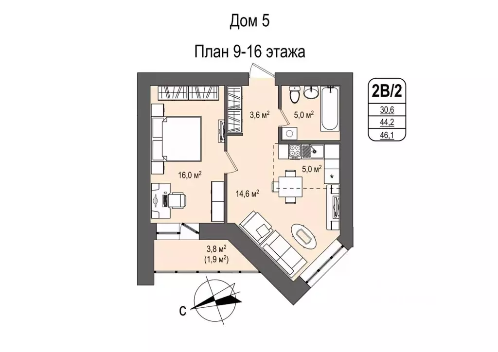 2-к кв. Кемеровская область, Кемерово 55-й мкр, 5 (46.1 м) - Фото 0