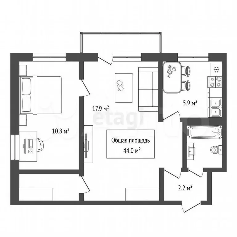 2-к. квартира, 42,5 м, 5/5 эт. - Фото 0