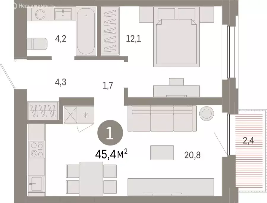 1-комнатная квартира: Тюмень, Мысовская улица, 26к2 (45.4 м) - Фото 1