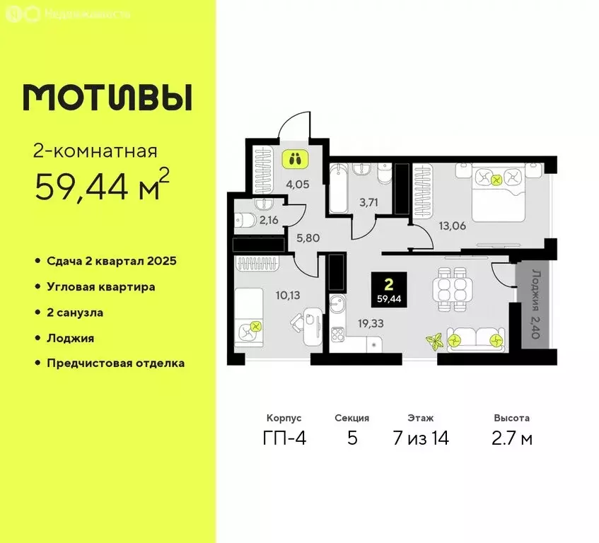 2-комнатная квартира: Тюмень, жилой комплекс Мотивы (59.44 м) - Фото 0