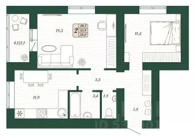 2-к кв. Самарская область, Волжский район, Смышляевка городское ... - Фото 1