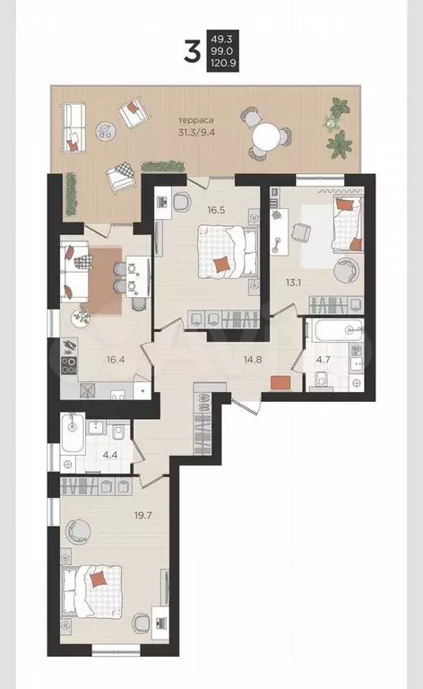 3-к. квартира, 99 м, 1/4 эт. - Фото 1