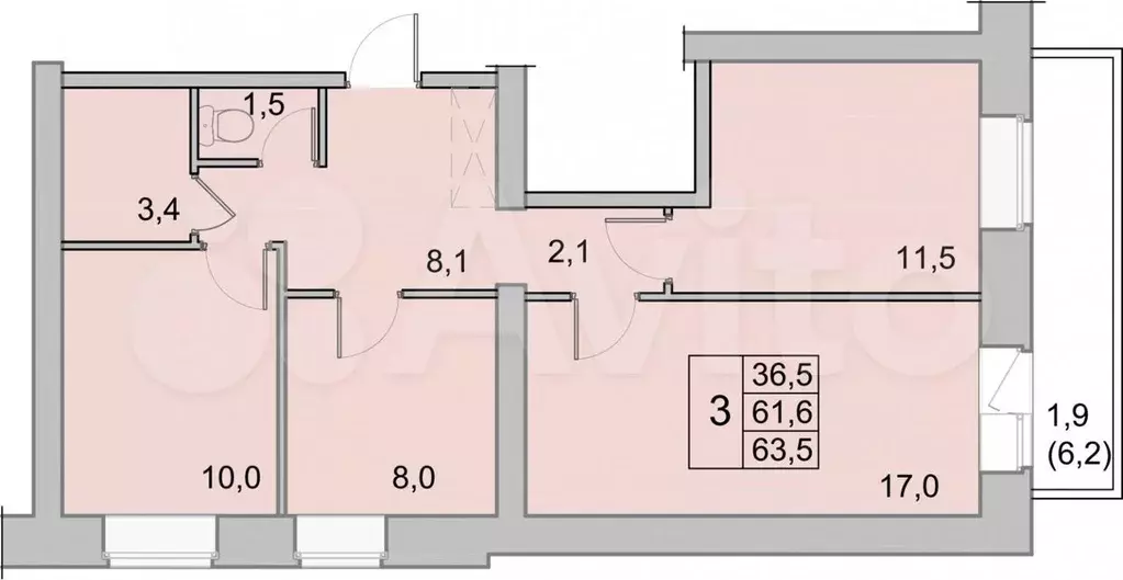 3-к. квартира, 63,5 м, 7/8 эт. - Фото 0