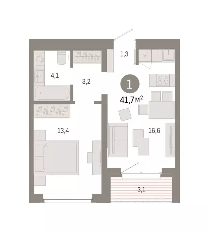 1-комнатная квартира: Тюмень, жилой комплекс На Минской (41.72 м) - Фото 1