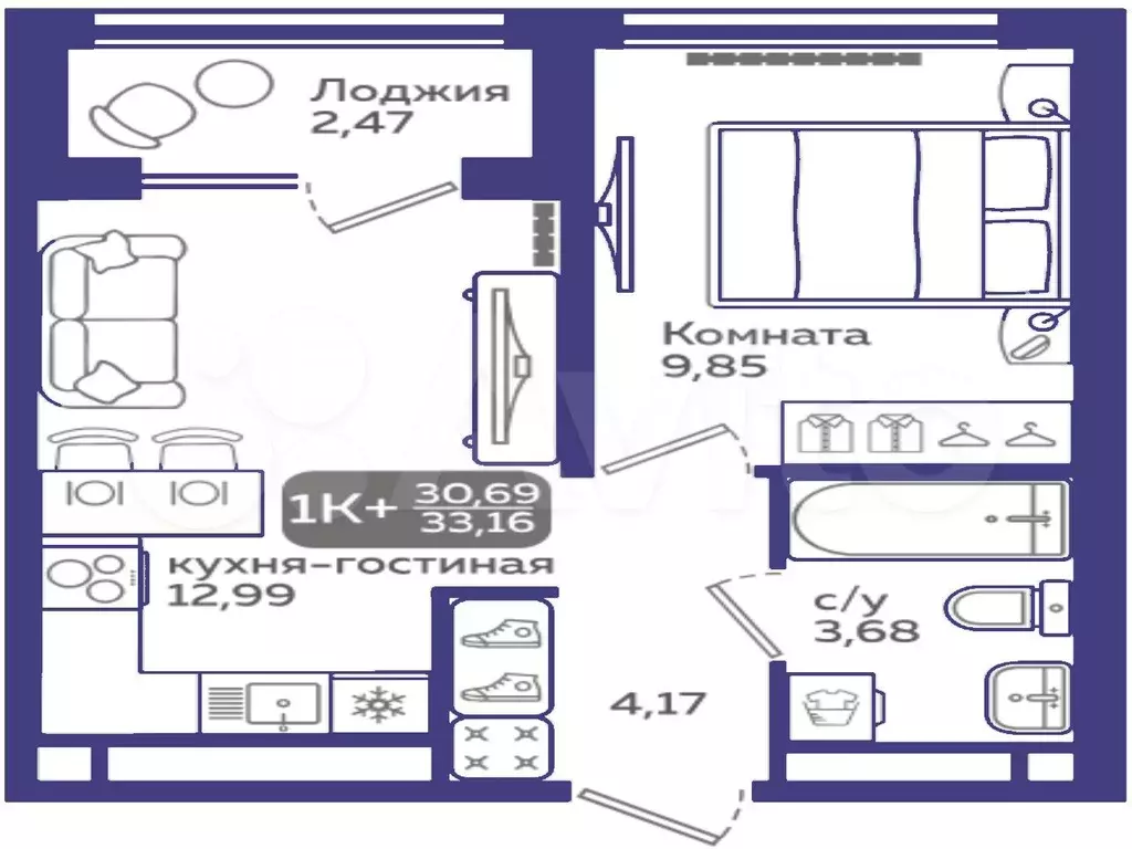 1-к. квартира, 30,7 м, 18/21 эт. - Фото 1