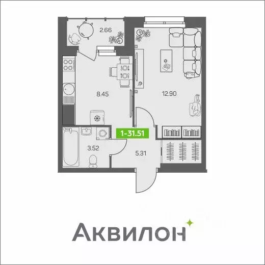 1-к кв. Архангельская область, Архангельск ул. Валявкина, 28 (31.51 м) - Фото 0