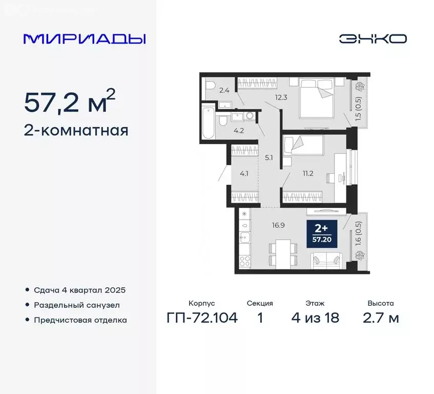 2-комнатная квартира: Тюмень, ЖК Мириады (57.2 м) - Фото 0
