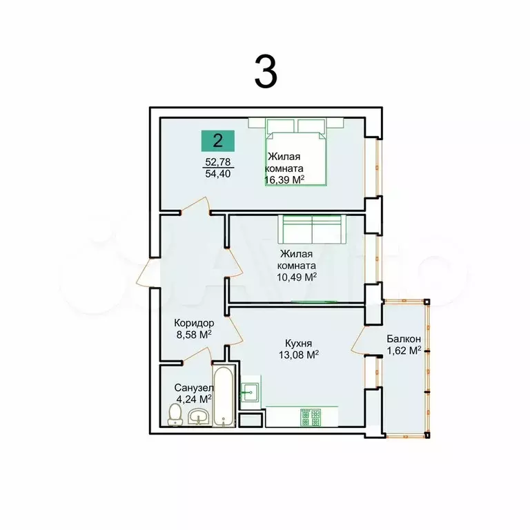 2-к. квартира, 54,4 м, 4/9 эт. - Фото 0