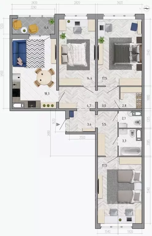 3-к кв. Воронежская область, Воронеж ул. Федора Тютчева, 105 (94.7 м) - Фото 1