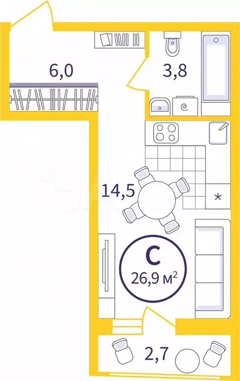 Квартира-студия, 25,6 м, 8/8 эт. - Фото 0