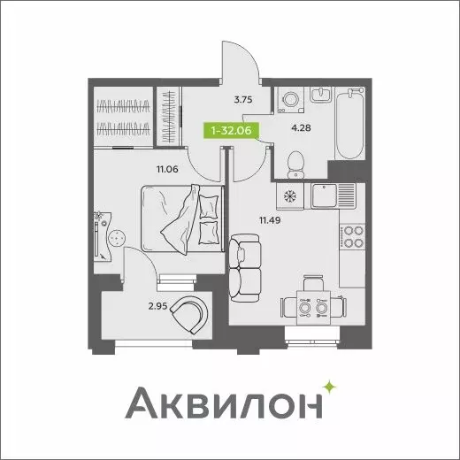 1-комнатная квартира: Архангельск, жилой комплекс АКвартал (32.06 м) - Фото 1