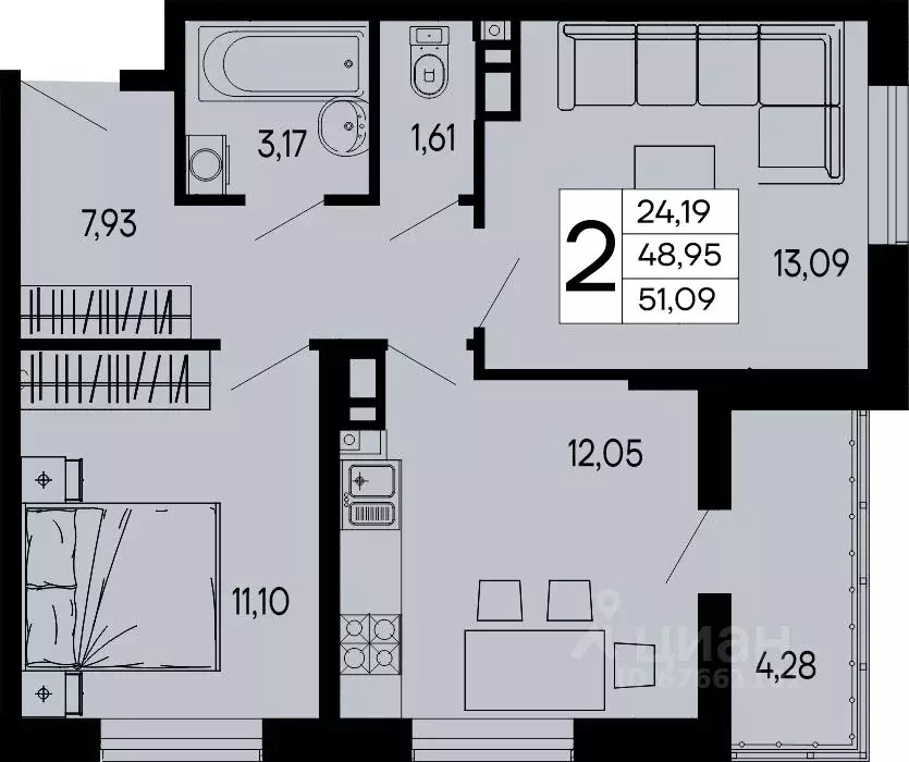 2-к кв. Адыгея, Майкоп 9 Мая ул. (51.09 м) - Фото 1