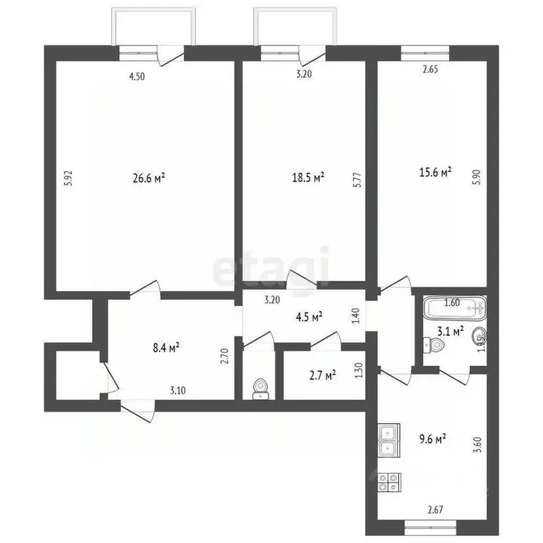 3-к кв. Кемеровская область, Кемерово ул. Рукавишникова, 45 (94.2 м) - Фото 1