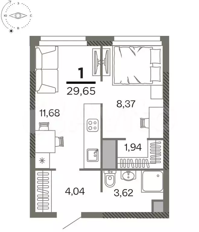 1-к. квартира, 29,7м, 21/26эт. - Фото 0