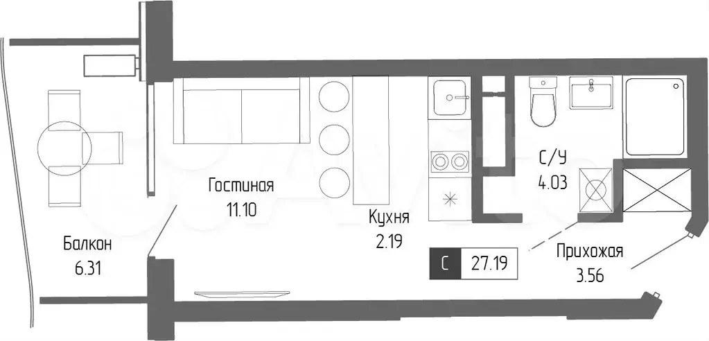 Апартаменты-студия, 27,2 м, 3/20 эт. - Фото 0