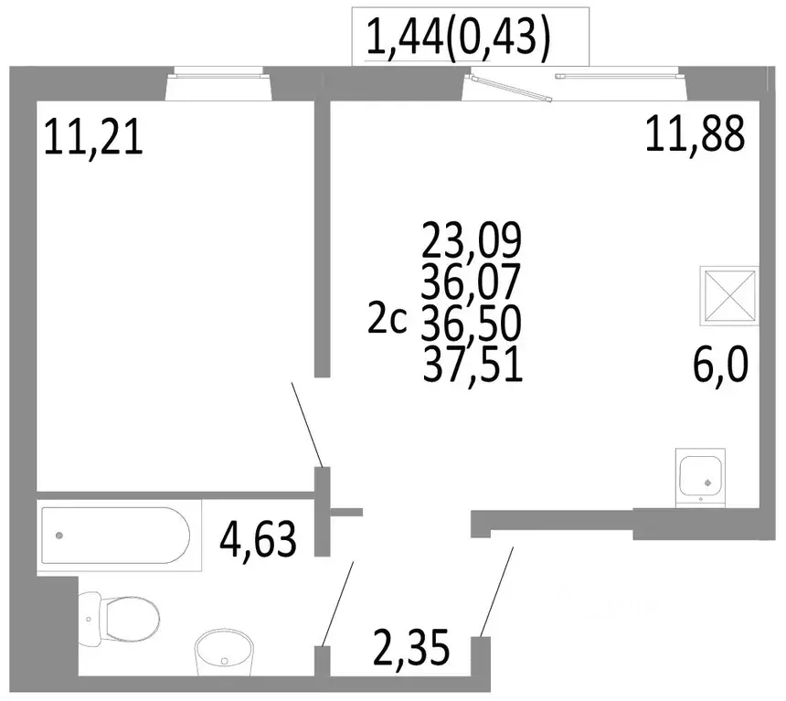 2-к кв. Челябинская область, Челябинск ул. Блюхера, 125Б (36.5 м) - Фото 0