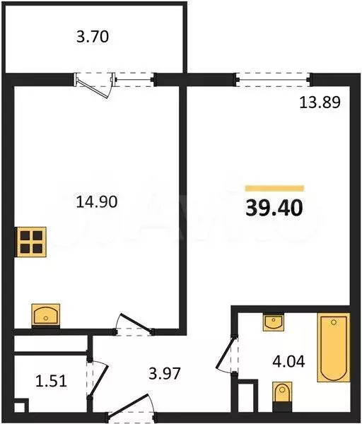 1-к. квартира, 39,4 м, 3/17 эт. - Фото 1