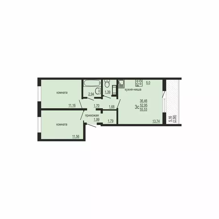 2-комнатная квартира: Западный, улица Дружбы, 6 (55.53 м) - Фото 1