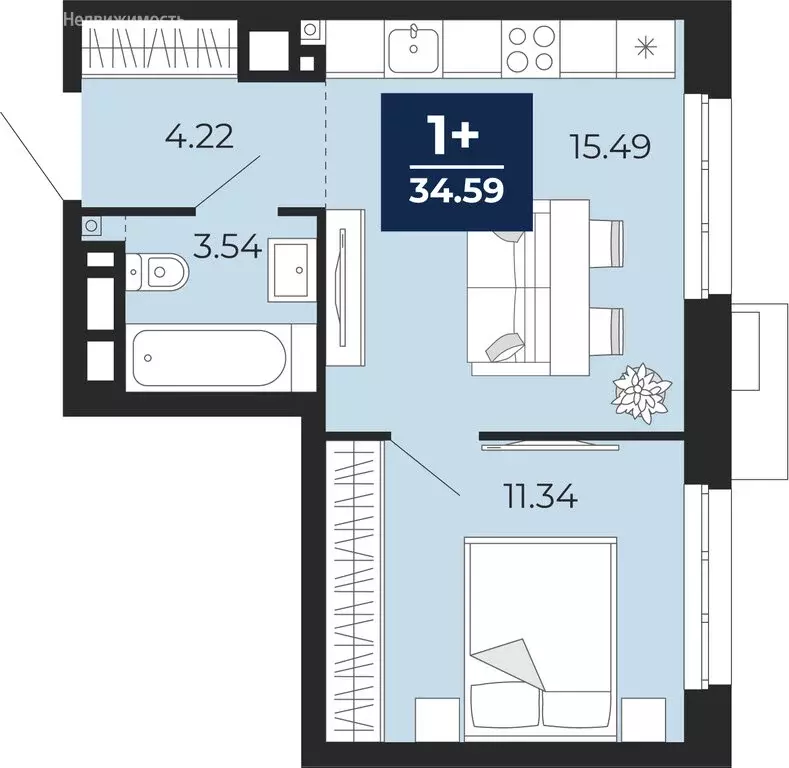 1-комнатная квартира: Тюмень, улица Пожарных и Спасателей, 1 (34.59 м) - Фото 1