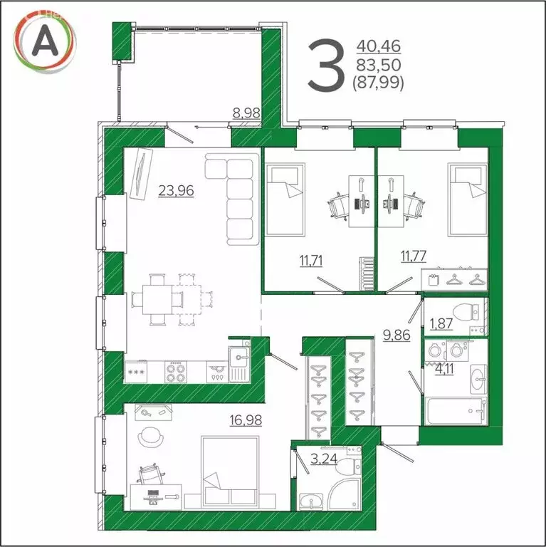 3-комнатная квартира: Брянск, улица имени О.Н. Строкина, 9 (88 м) - Фото 0