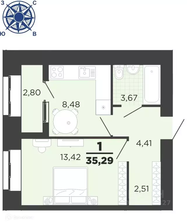 1-к кв. Рязанская область, Рязань ул. Семчинская, 11к2 (35.29 м) - Фото 0