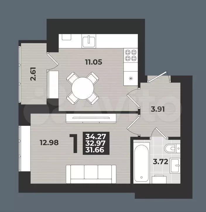 1-к. квартира, 34,3 м, 2/9 эт. - Фото 1