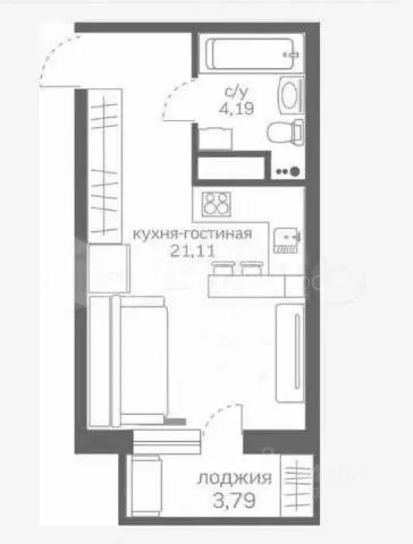 Студия Тюменская область, Тюмень ул. Бабарынка, 65 (21.0 м) - Фото 1