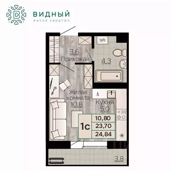 1-к кв. Пермский край, Пермь Кавказская ул., 13к1 (24.84 м) - Фото 1