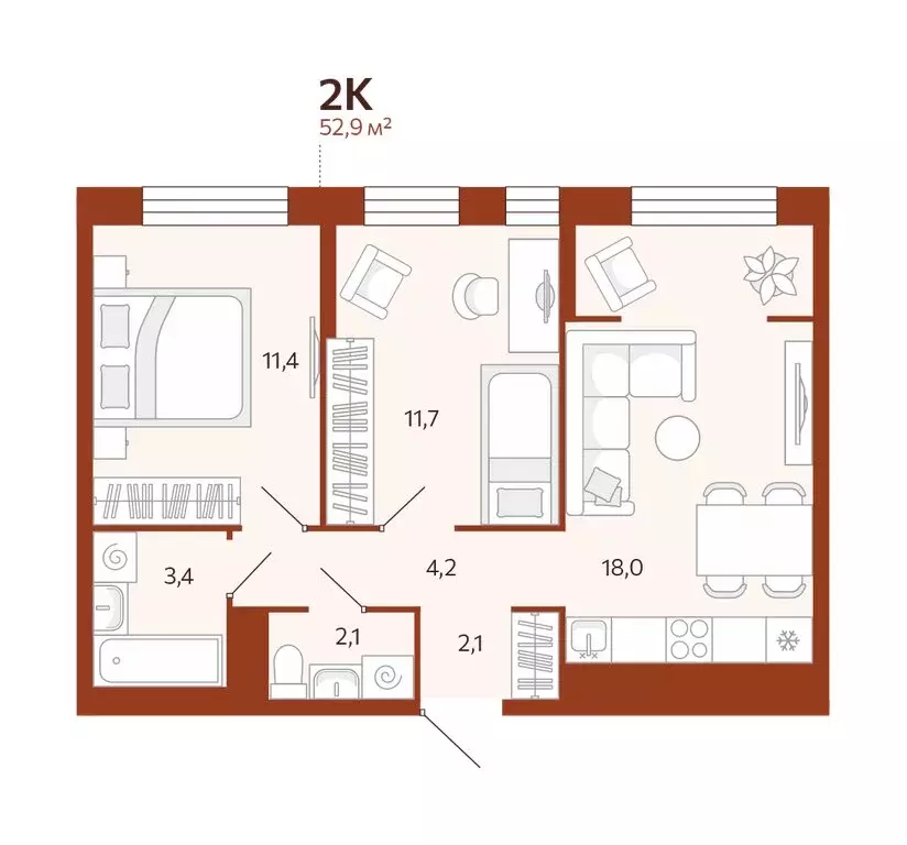 2-комнатная квартира: Тюмень, улица Новаторов, 28 (52.94 м) - Фото 0