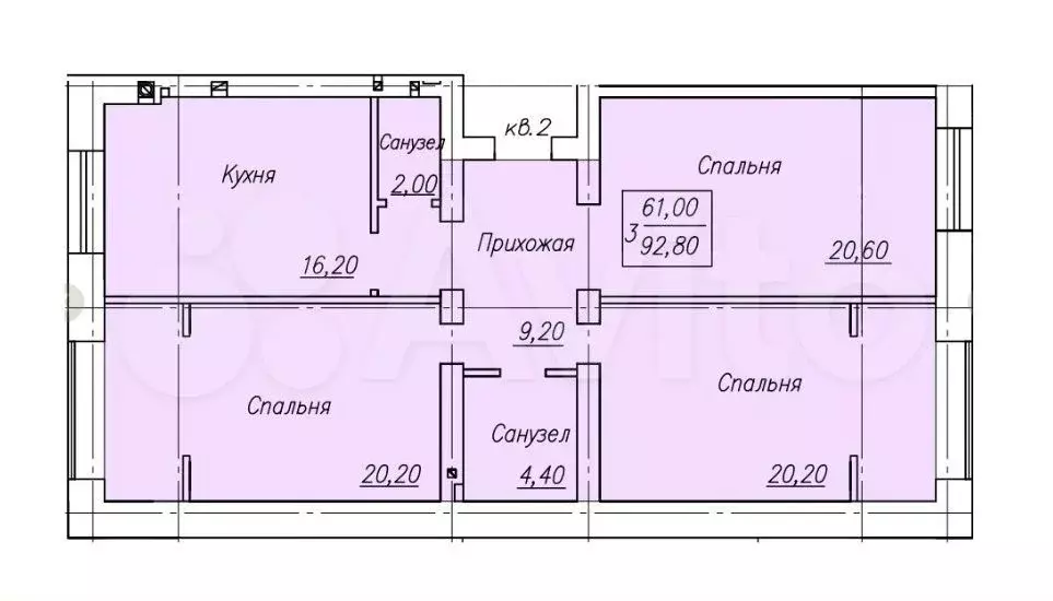 3-к. квартира, 92,8 м, 2/4 эт. - Фото 0