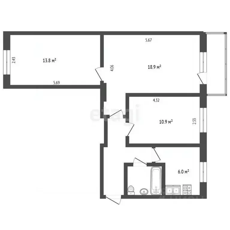 3-к кв. Калужская область, Калуга ул. Суворова, 54 (60.0 м) - Фото 2