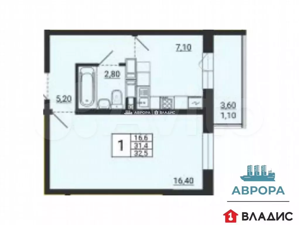 1-к. квартира, 32,5 м, 6/10 эт. - Фото 0