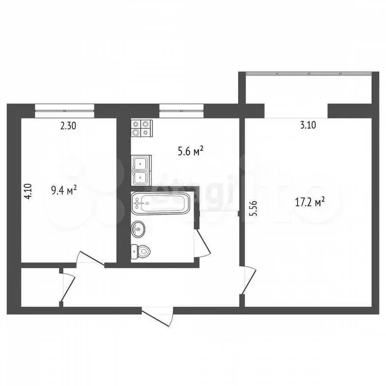 2-к. квартира, 43,8 м, 2/4 эт. - Фото 0