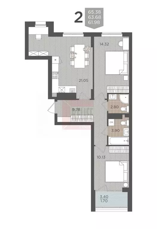 2-комнатная квартира: Калининград, Батальная улица, 65Б (65.38 м) - Фото 1