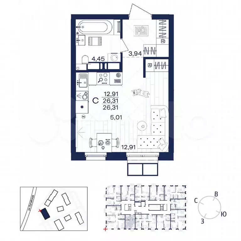 1-к. квартира, 26,3 м, 13/15 эт. - Фото 1