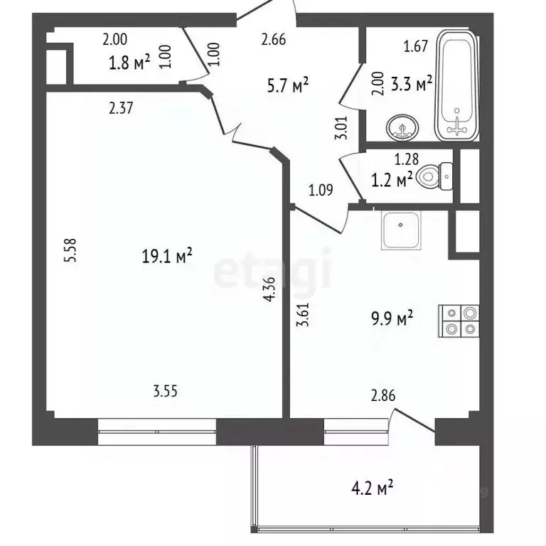 1-к кв. Башкортостан, Стерлитамак ул. Строителей, 63 (41.0 м) - Фото 2
