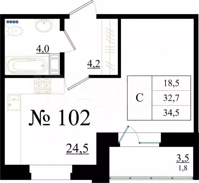 Квартира-студия, 34,5м, 4/8эт. - Фото 0