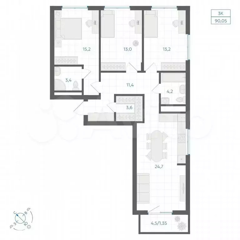 3-к. квартира, 90,1 м, 11/18 эт. - Фото 1