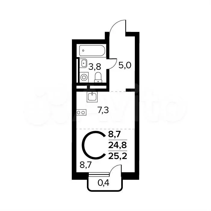 Квартира-студия, 25,2 м, 13/14 эт. - Фото 0