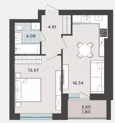 1-к. квартира, 41,1 м, 3/9 эт. - Фото 1