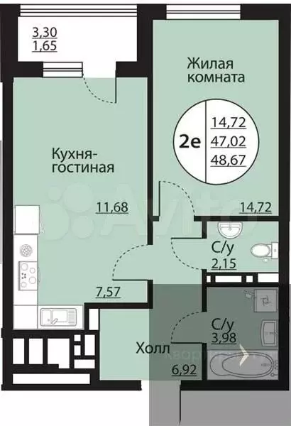 1-к. квартира, 48,7 м, 15/24 эт. - Фото 0