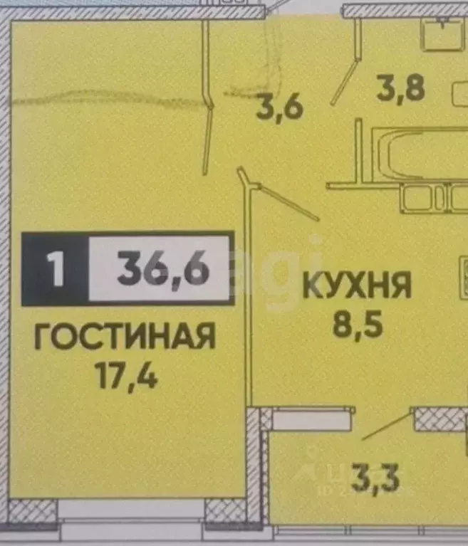 1-к кв. Ставропольский край, Ставрополь просп. Российский, 13 (36.6 м) - Фото 2