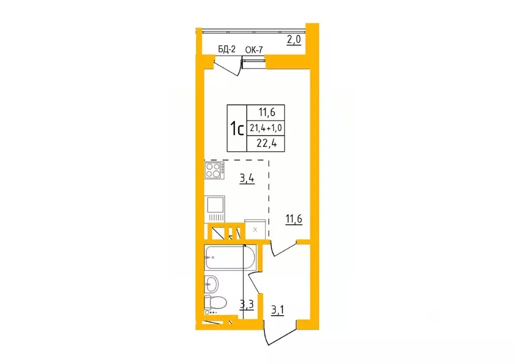 Студия Башкортостан, Уфа Инорс-4Б мкр, Акварель жилой комплекс (22.2 ... - Фото 1
