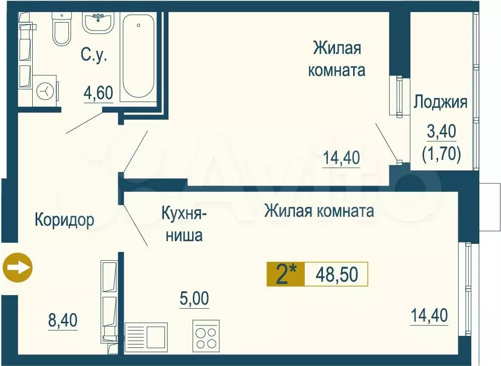 1-к. квартира, 48,5 м, 6/25 эт. - Фото 0