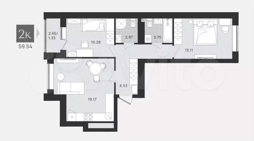 2-к. квартира, 59,5 м, 5/9 эт. - Фото 1