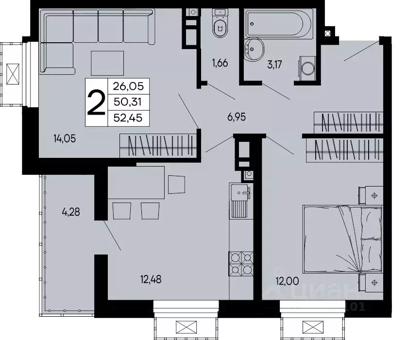 2-к кв. Адыгея, Майкоп 9 Мая ул. (52.45 м) - Фото 1